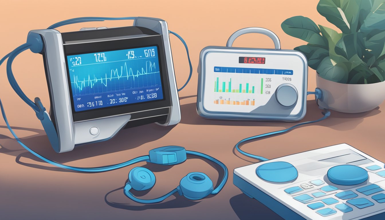 A heart rate monitor displays fluctuating numbers, while a stopwatch and exercise equipment sit nearby