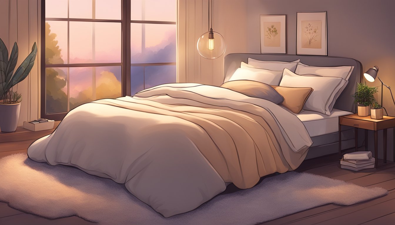 A cozy bed with a fluffy bolster, surrounded by soft blankets and dim lighting