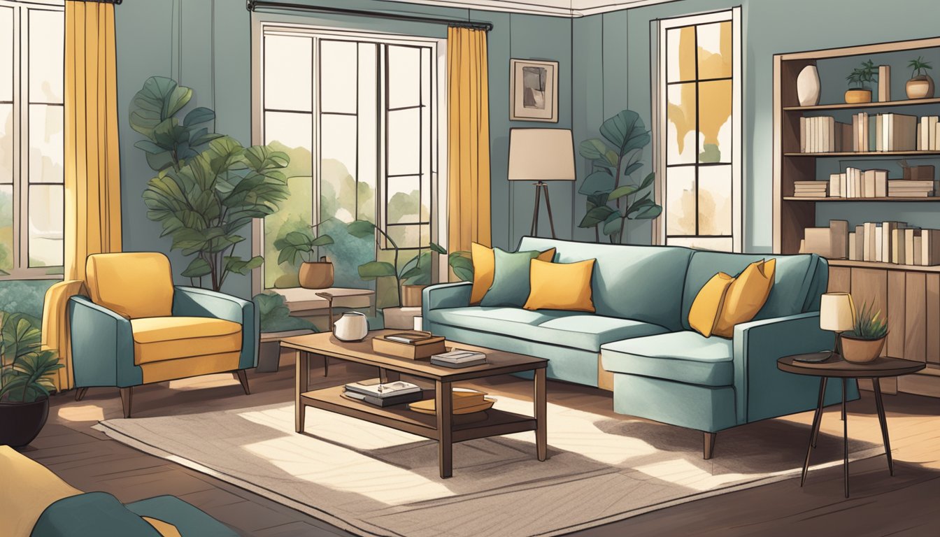 A person arranging their living room furniture, positioning a sofa, coffee table, and armchairs to create a cozy and inviting seating area