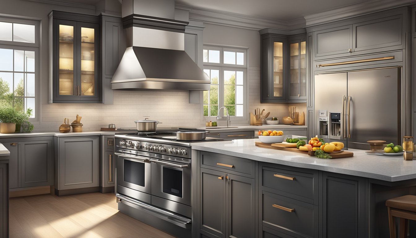 A modern kitchen with a sleek stainless steel oven, surrounded by high-end cooking appliances and utensils. The oven is illuminated, emitting a warm glow, and there is a sense of sophistication and luxury in the atmosphere