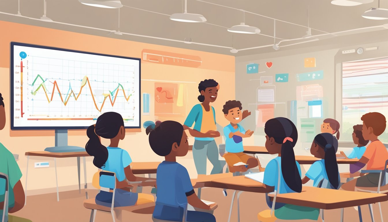 Students sit in a classroom, learning about heart rate. A teacher points to a diagram of the heart on a whiteboard while a monitor displays a graph of heart rates during different activities