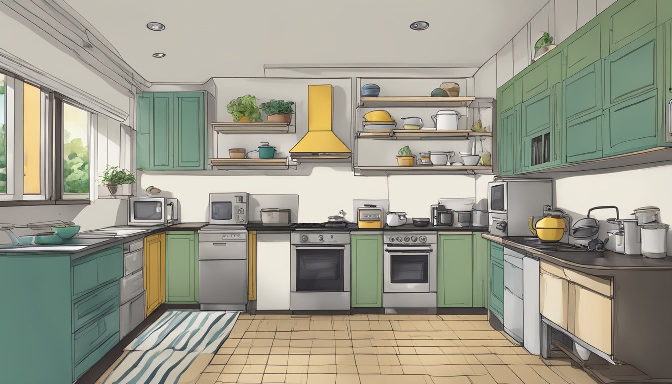 A cluttered HDB kitchen with outdated cabinets and appliances. The walls are stained, and the flooring is worn. The space is cramped, with limited counter space and inadequate storage