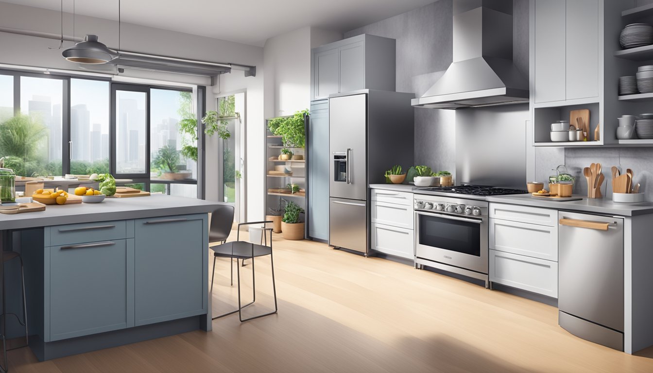 A modern kitchen with a sleek, stainless steel oven in Singapore, surrounded by various kitchen utensils and appliances