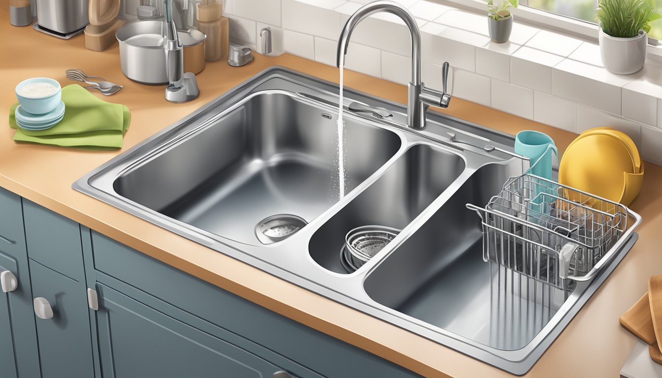 A portable dishwasher sits on a kitchen countertop, with a stack of dirty dishes inside and a water hose connected to the sink faucet