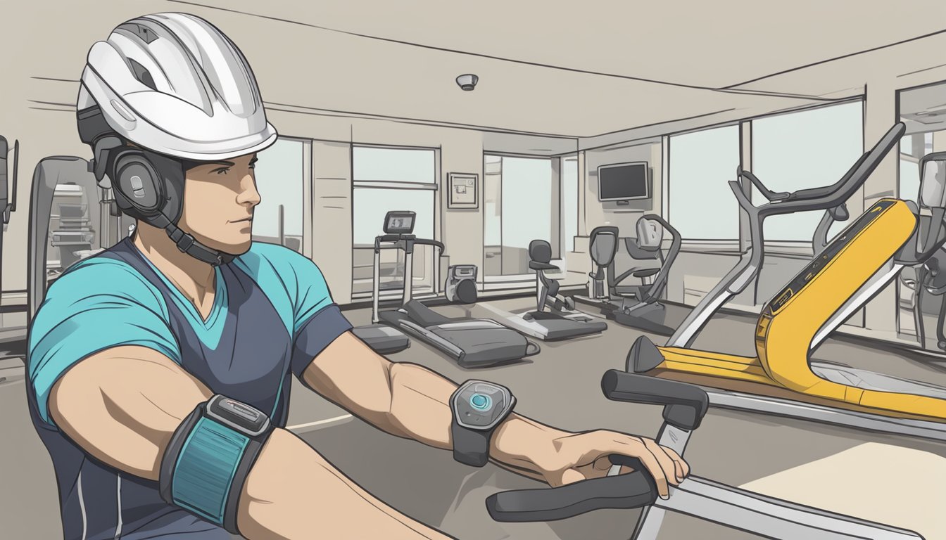 A heart rate monitor attached to a wrist, displaying a steady pulse. A safety helmet and exercise equipment in the background