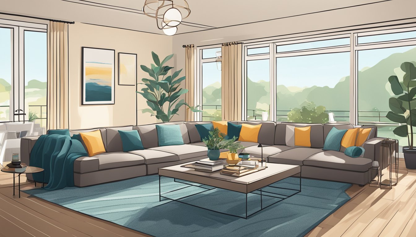 A cozy living room with a plush sofa, sleek coffee table, and modern armchairs arranged around a stylish area rug. Bright natural light streams in through large windows, illuminating the space
