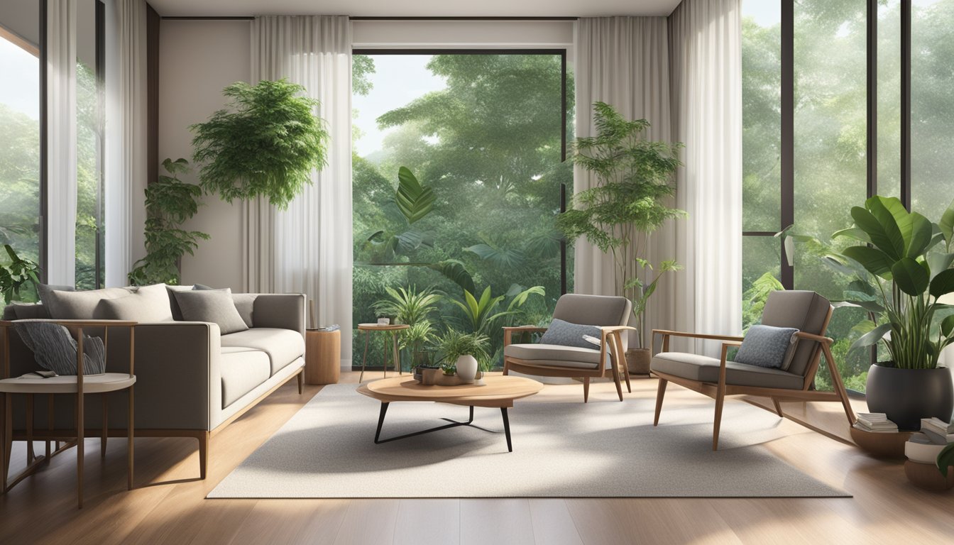 A cozy living room with a sleek, modern chair in a Singapore home, surrounded by lush green plants and natural light streaming in from large windows