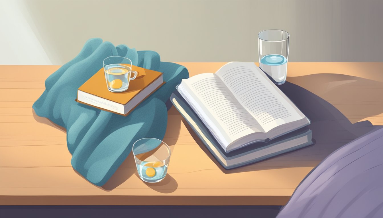 A comfortable pillow under a cozy blanket, with a book and a glass of water on a bedside table