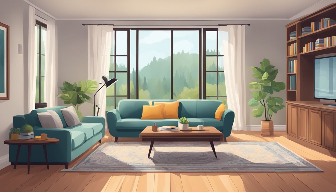 A cozy living room with a comfortable sofa, coffee table, and bookshelf. A large window lets in natural light, and a rug adds warmth to the hardwood floor