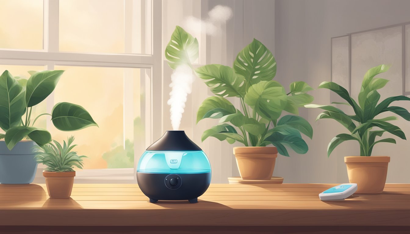 A humidifier releases steam, while a diffuser emits essential oils. Both sit on a wooden table, surrounded by potted plants and soft lighting