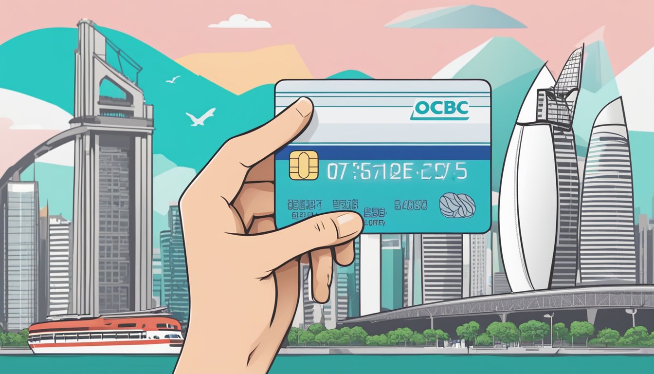 A hand holding a credit card with "OCBC Easicredit Waiver" displayed, against a backdrop of iconic Singapore landmarks
