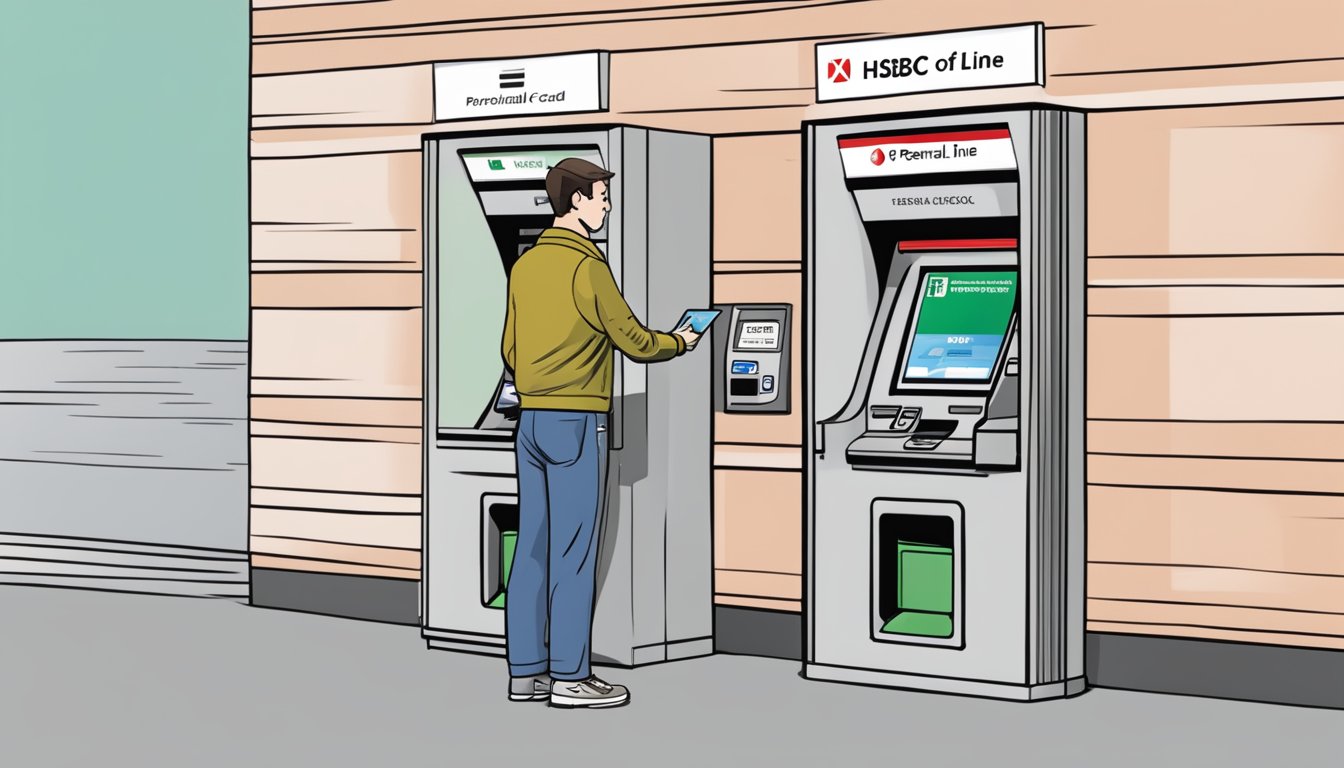 A person swiping a credit card at an HSBC ATM machine with the words "Personal Line of Credit" displayed on the screen