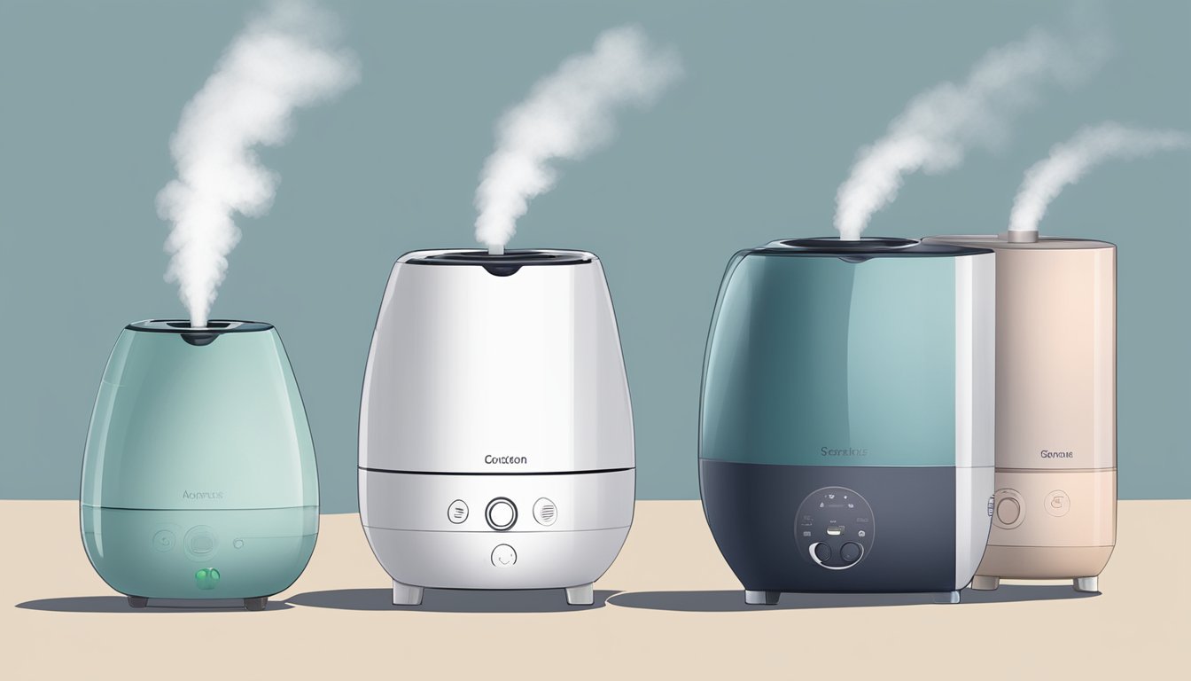 A humidifier and diffuser sit side by side, showcasing their different designs and features. The humidifier emits a fine mist, while the diffuser releases a gentle stream of aromatic vapor