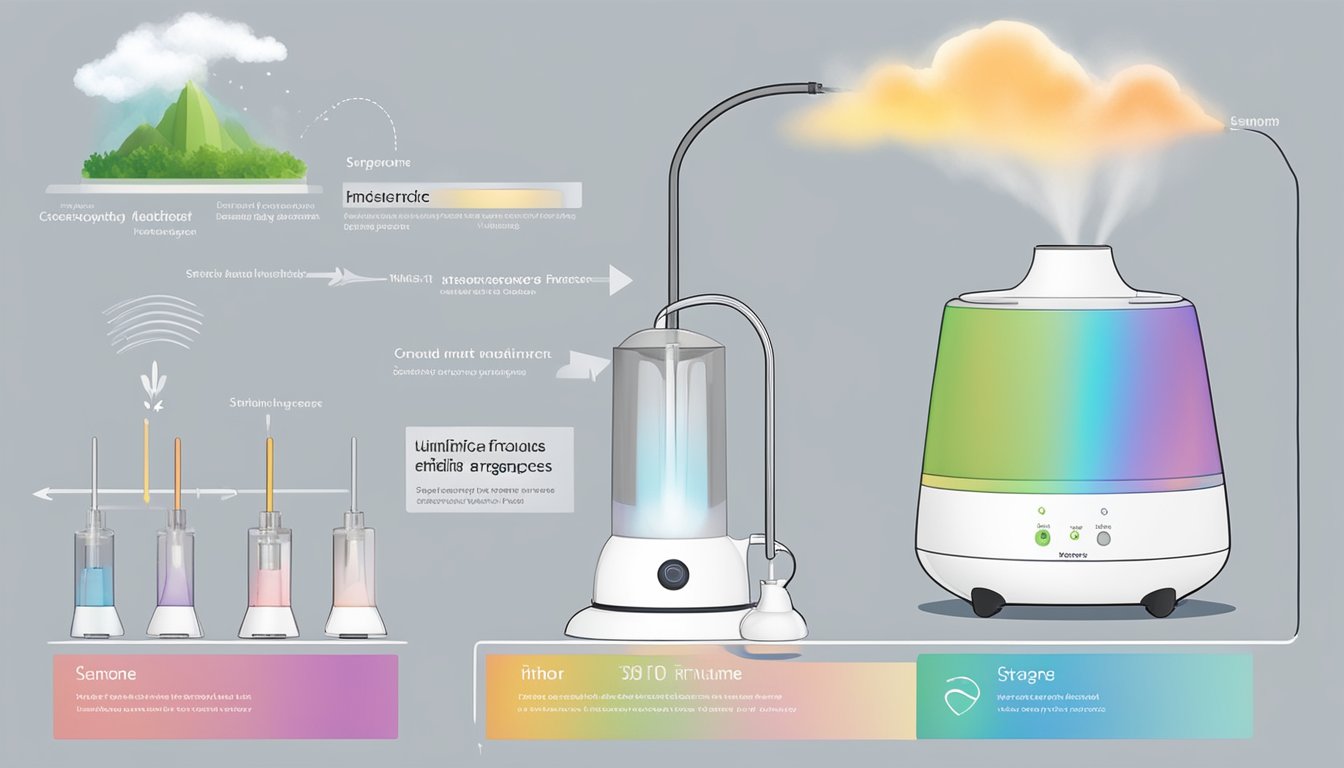 A humidifier and diffuser sit side by side, emitting mist and fragrance. Labels and arrows point to key differences