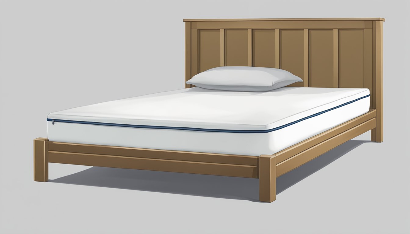 A single bed mattress sits on a plain frame, with a clean, white sheet draped over it
