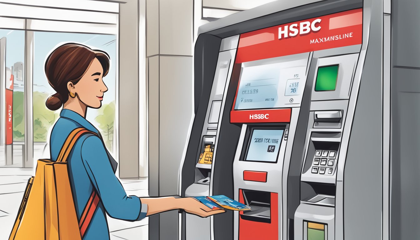 A person swiping a credit card at an HSBC ATM with a sign indicating "Maximising the Value of Your Credit Line" in the background