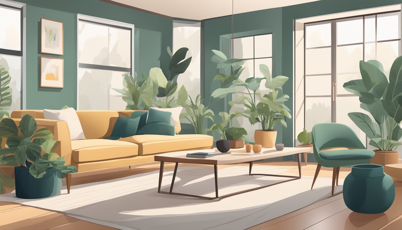 A tranquil living room with balanced furniture, natural light, and plants. A harmonious color palette and minimal clutter create a peaceful atmosphere