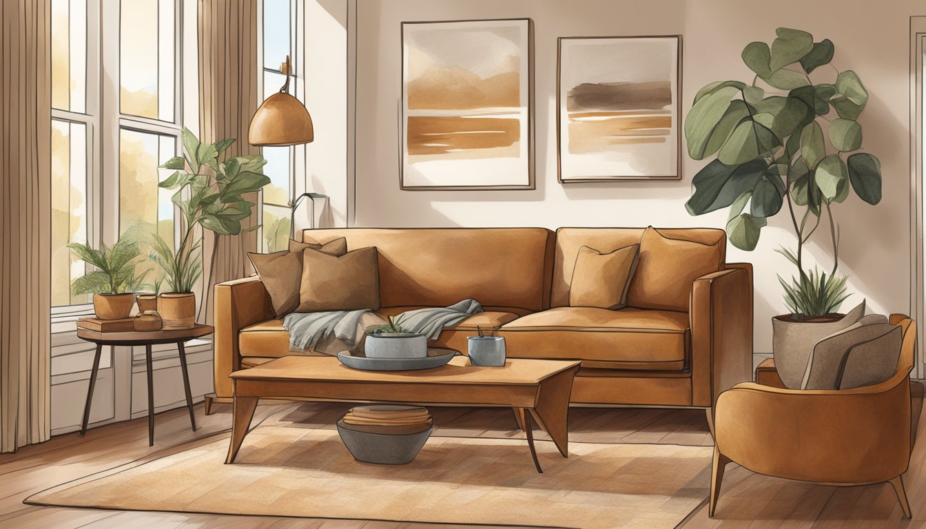A tan leather sofa sits in a well-lit living room, surrounded by warm, earthy tones and soft, cozy textures