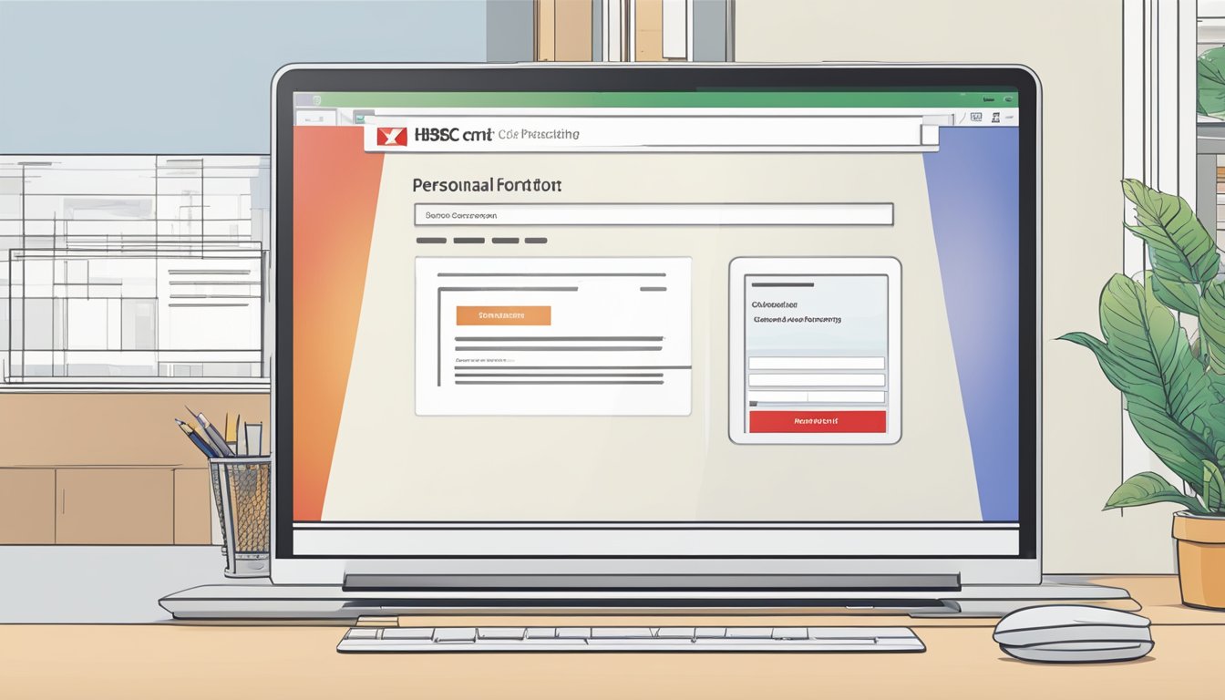 A computer screen displaying HSBC's website with the Personal Line of Credit application form filled out and a cursor clicking the submit button