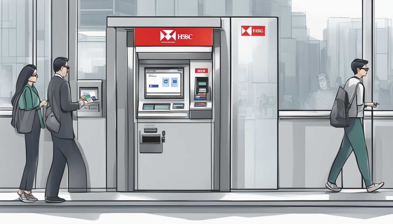 A person swiping a credit card at an HSBC bank ATM, with additional services and support information displayed on the screen
