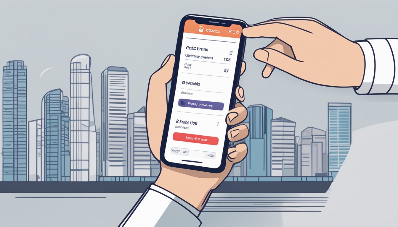 A hand holds a smartphone, tapping on the OCBC Easicredit app. The screen displays options for making payments and transfers, with a waiver notice for Singapore