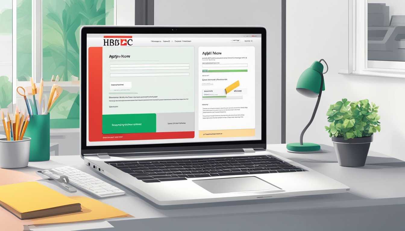 A computer screen displaying the HSBC website with the Personal Line of Credit application form open, a mouse cursor clicking on the "Apply Now" button