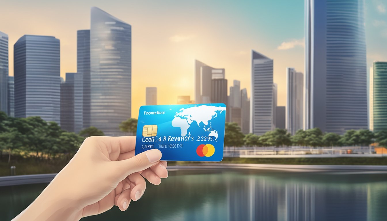A hand holding a credit card with the words "Promotions and Rewards" displayed on a digital screen, while the OCBC Easicredit waiver offer is highlighted in Singapore's skyline in the background