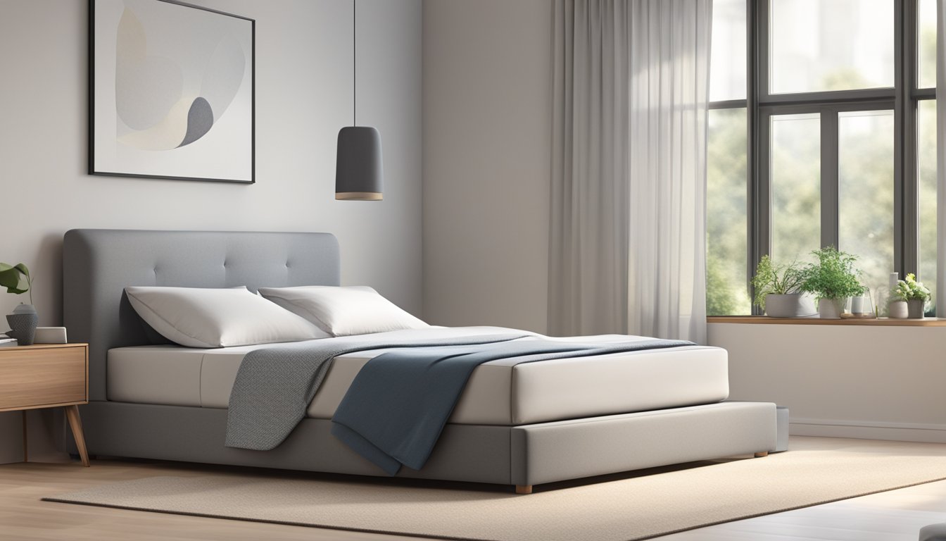 A single bed mattress sits on a simple bed frame, surrounded by a clean and tidy bedroom. The mattress is firm and supportive, with a smooth and comfortable surface
