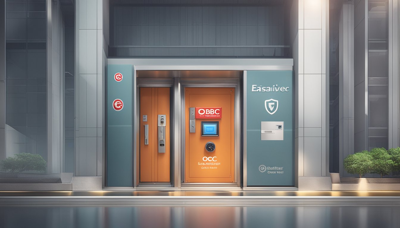 A secure vault with a digital lock and a shield protecting against fraud, with the OCBC Easicredit waiver logo displayed prominently in Singapore