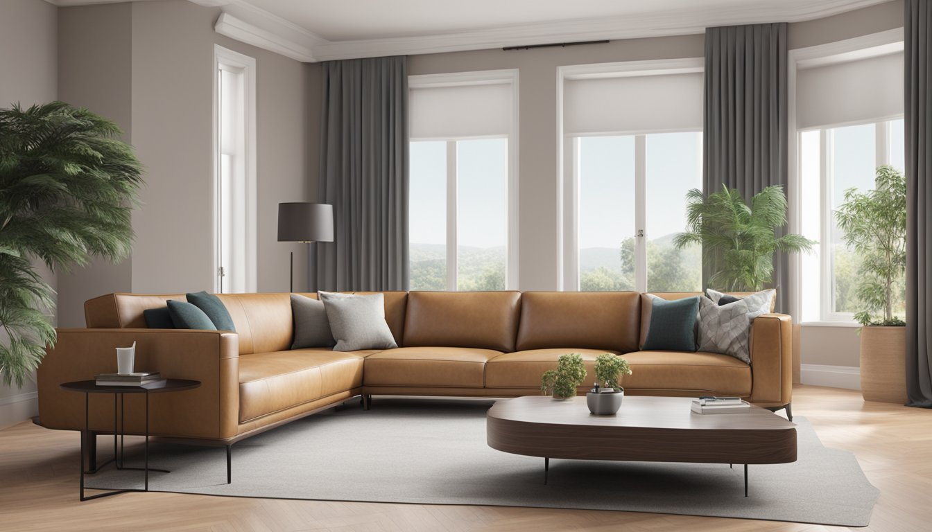 A tan leather sofa sits in a modern living room with clean lines and minimalistic decor. The sofa is the focal point, with its sleek design and luxurious material