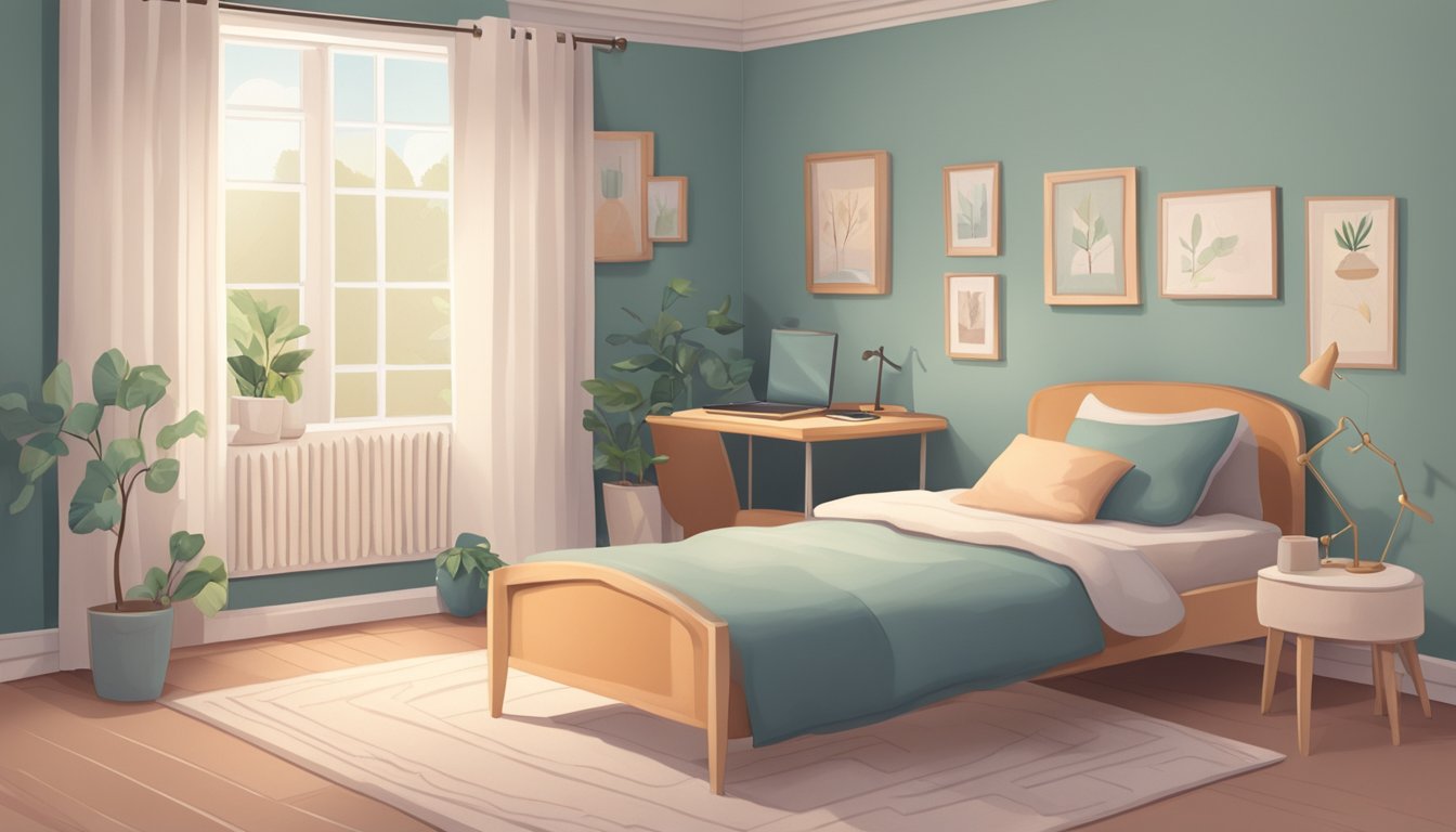 A cozy small bedroom with a single bed, a nightstand, a small desk, and a window with curtains. The walls are painted in a soft, calming color, and there is a small rug on the floor