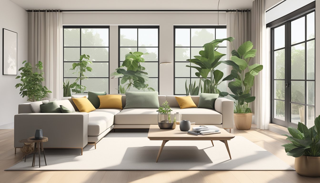 A modern living room with clean lines, neutral colors, and minimalist furniture. A large window lets in natural light, and potted plants add a touch of greenery