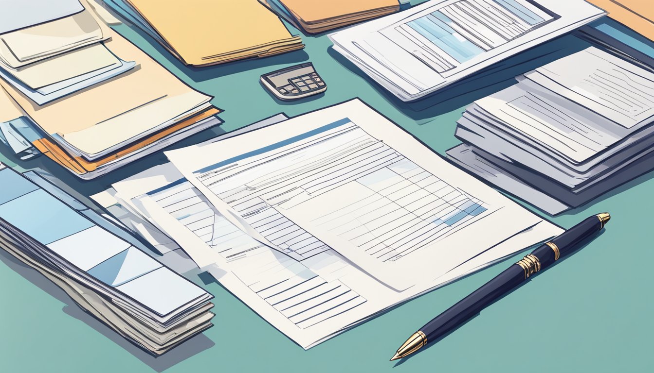 A stack of documents is spread out on a desk, including application forms and financial statements. A pen is poised to fill in the necessary information
