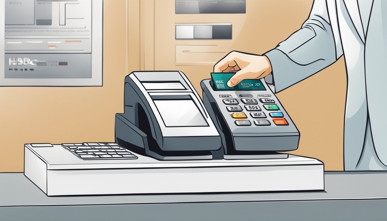 A person swiping a credit card at an HSBC Personal Line of Credit terminal, with options for alternative repayment methods displayed on the screen