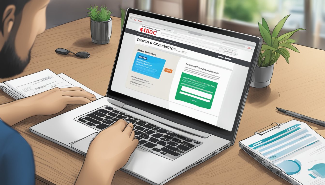 A laptop displaying HSBC's website with the "Terms and Conditions" page open, a cursor clicking on the "Apply Online" button for Personal Line of Credit in Singapore