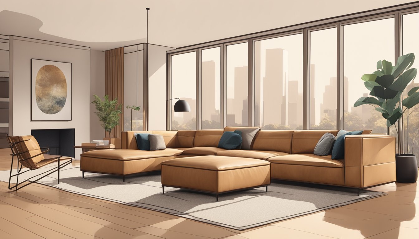 A tan leather sofa sits in a well-lit living room, surrounded by warm, neutral tones. The sofa is sleek and modern, with clean lines and minimalistic design