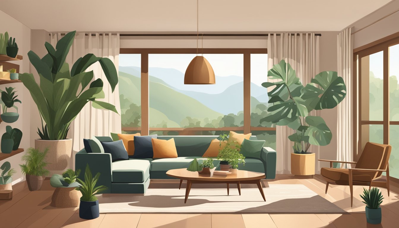 A cozy living room with warm earth tones, natural textures, and mid-century modern furniture. A large indoor plant adds a touch of greenery, while soft lighting creates a relaxing atmosphere