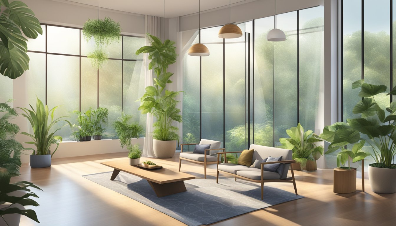 A well-lit room with balanced furniture arrangement and natural elements, such as plants and water features, creating a harmonious and peaceful atmosphere