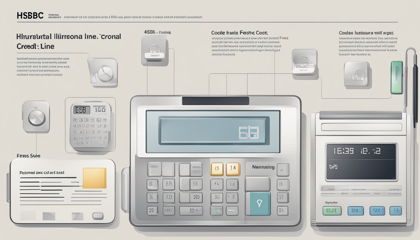 HSBC Personal Line of Credit scene: A scale with a range of amounts, a calculator, and a list of fees and costs