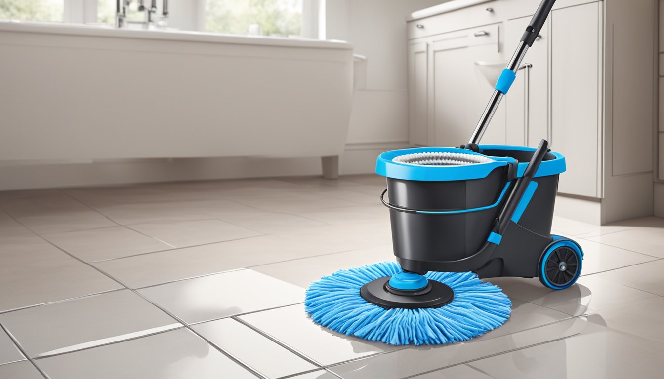 A spin mop glides across the floor, leaving behind a trail of clean, shiny tiles. The mop head spins effortlessly, picking up dirt and grime with each pass