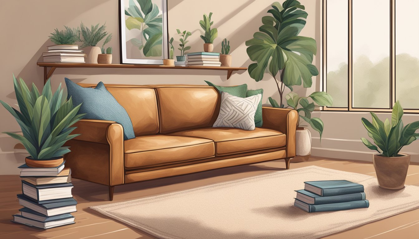 A tan leather sofa surrounded by a stack of books, a potted plant, and a cozy throw blanket