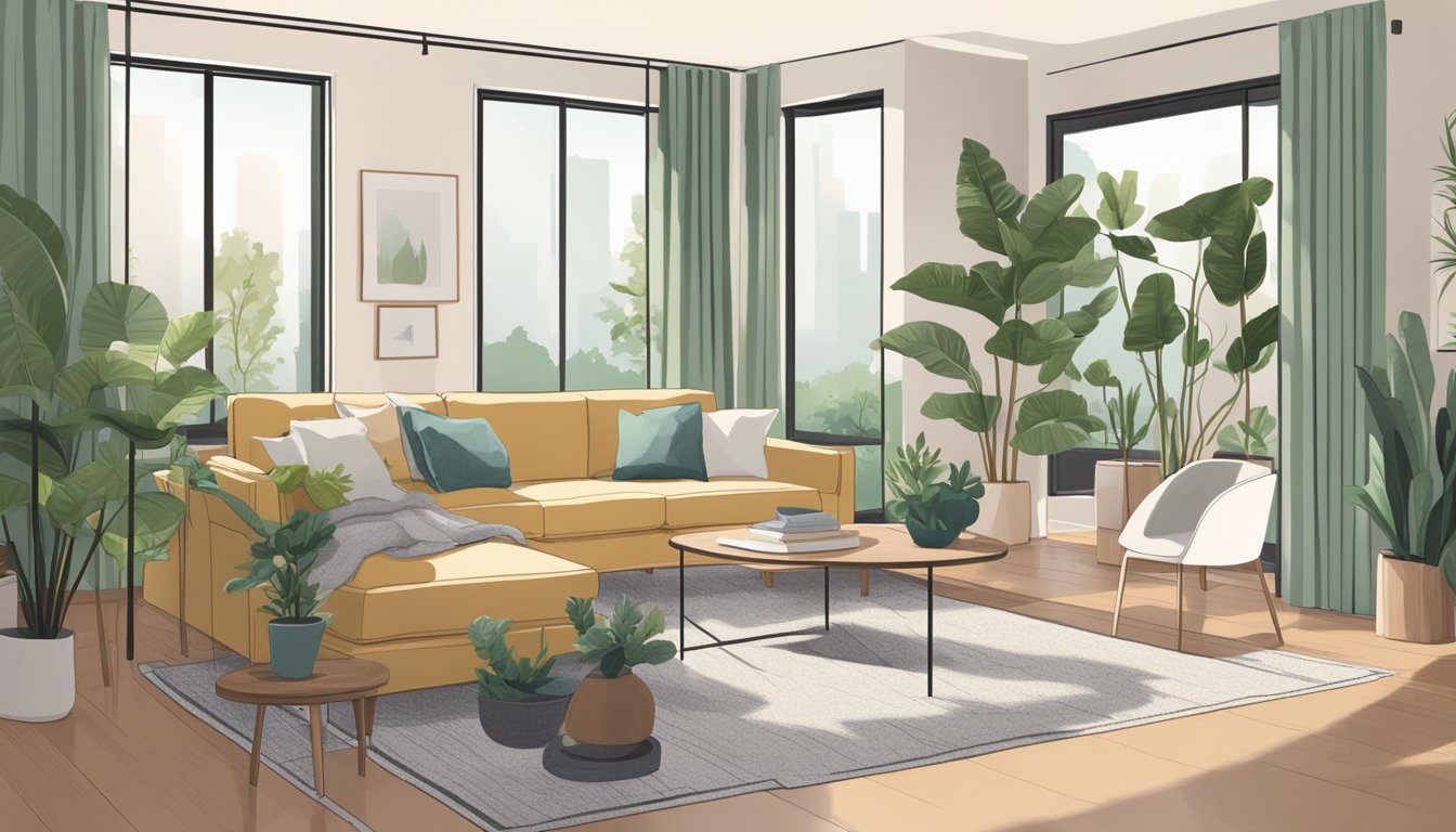 A cozy living room with balanced furniture layout, natural light, and plants. A harmonious color scheme and clutter-free space create a serene atmosphere