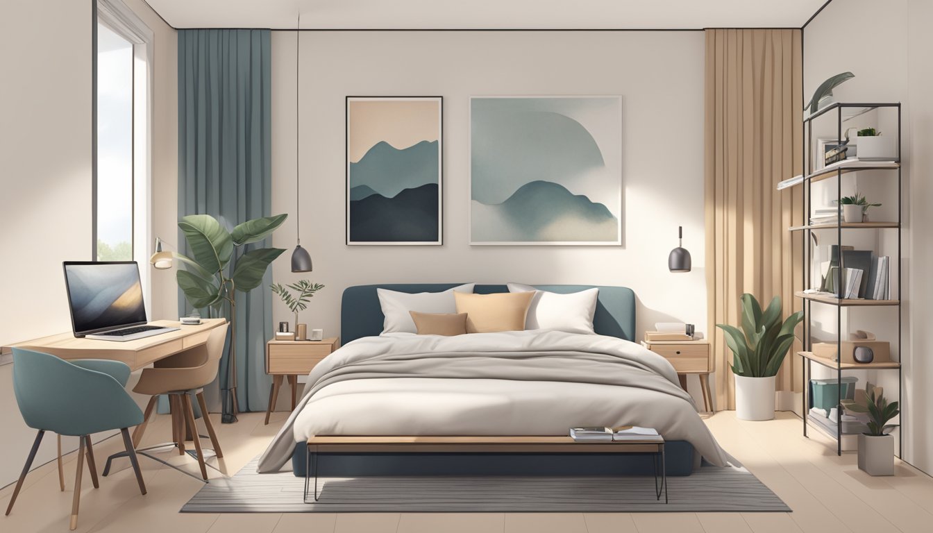 A cozy HDB bedroom with a neutral color palette, a comfortable bed, a sleek study desk, and minimalistic decor