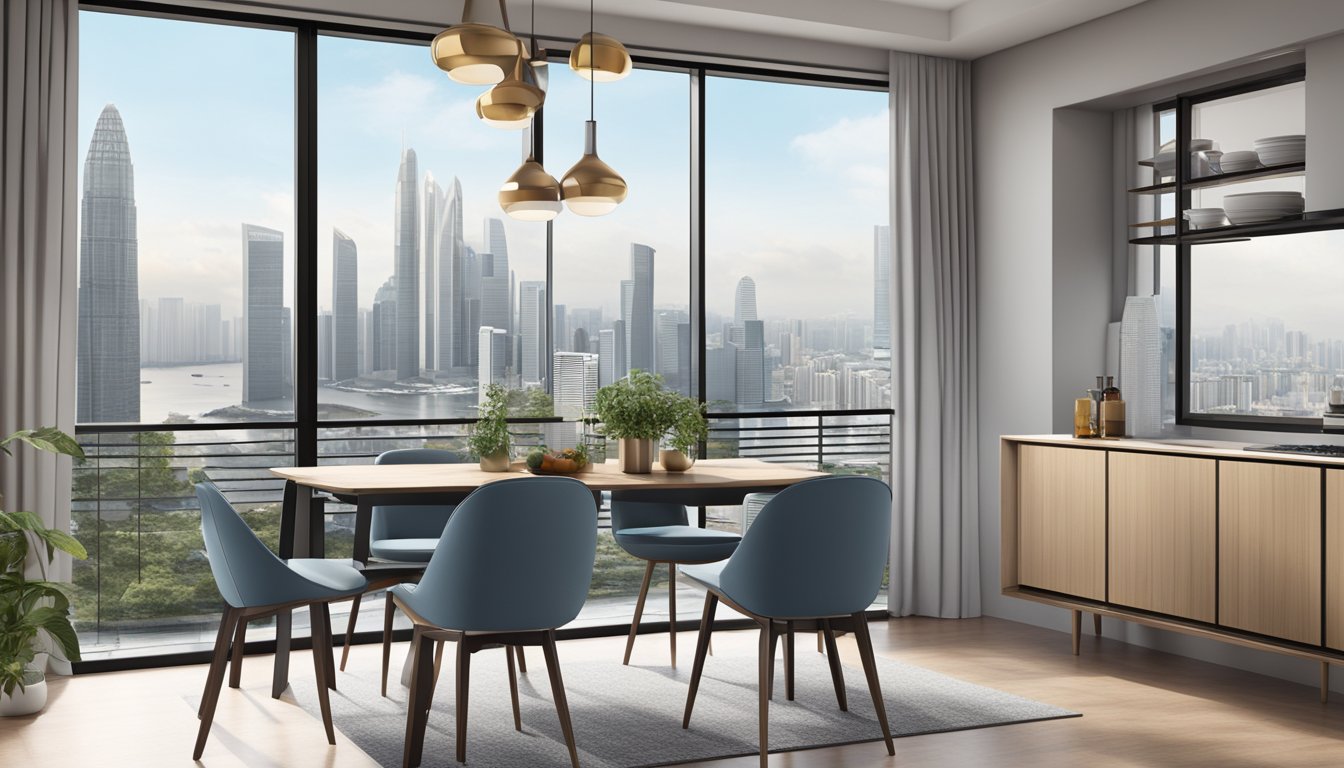 A sleek 4-seater dining table in a modern Singaporean home, with minimalist decor and a view of the city skyline