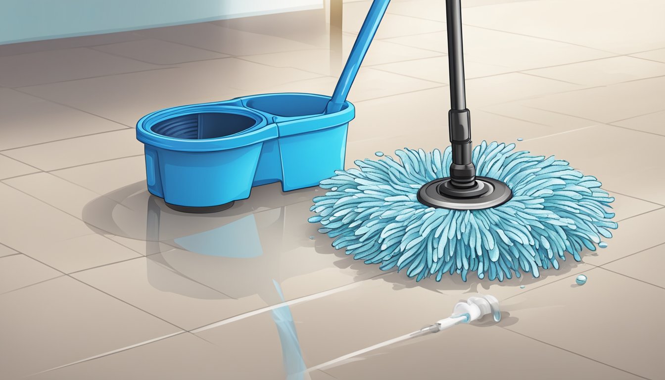 A spin mop spins as its handle is pumped, water droplets fly, and the mop head rotates to clean the floor