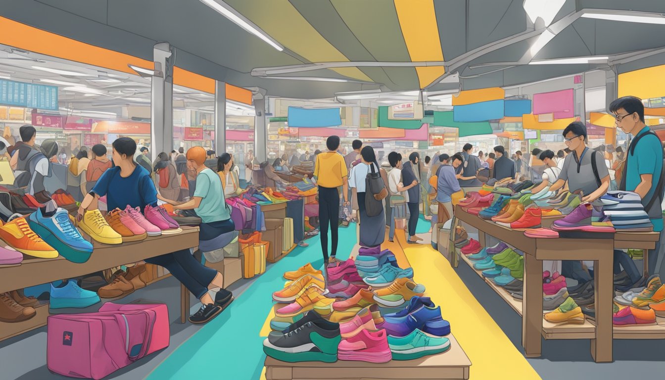 A shoe bench in a bustling Singapore market, surrounded by colorful footwear and busy shoppers