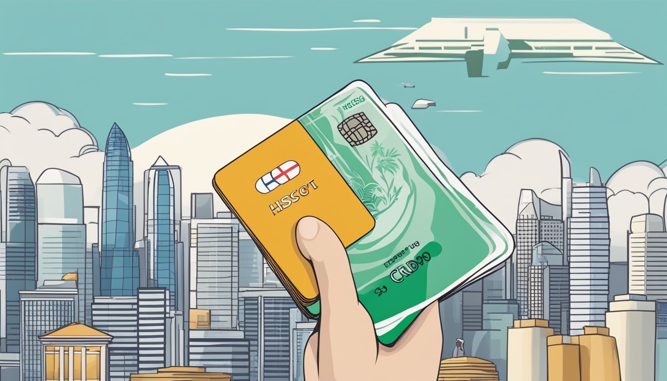 A hand holding a credit card with the HSBC logo, against a backdrop of the Singapore skyline and a foreign passport