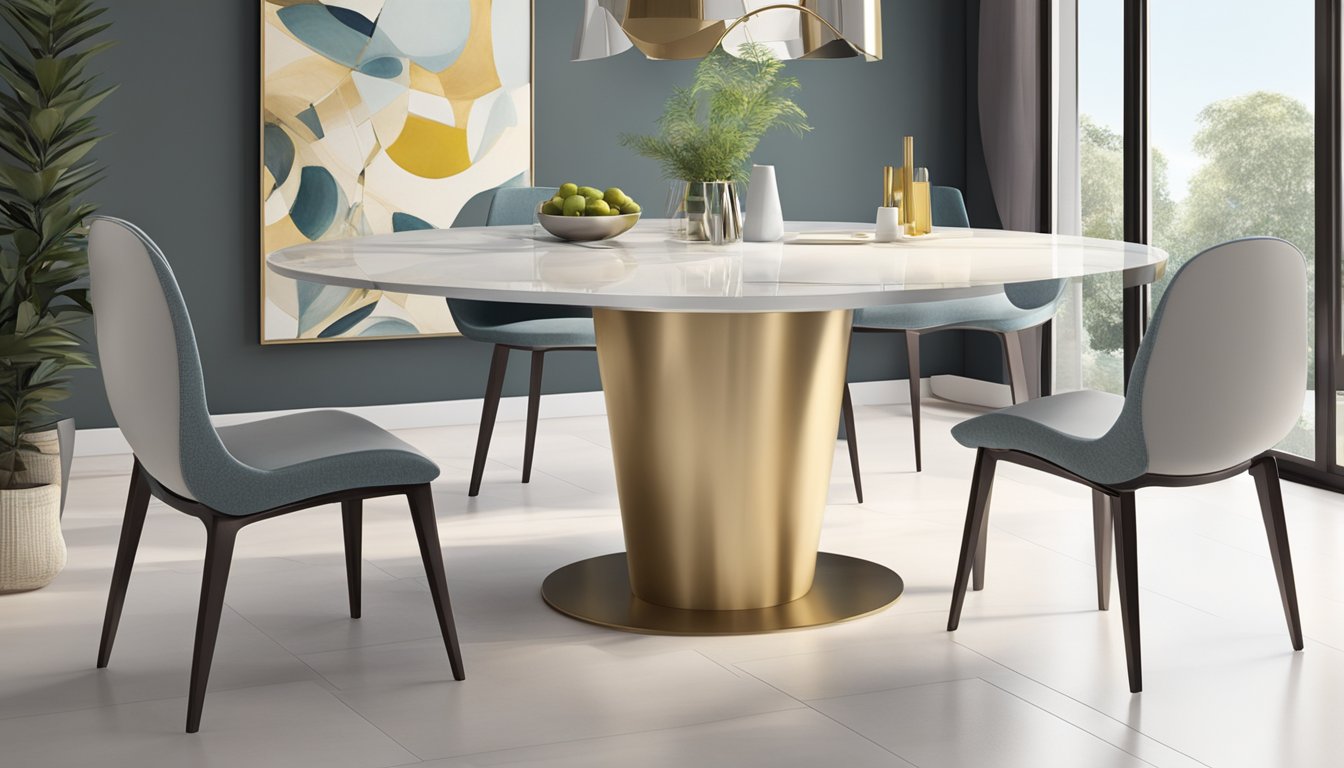 A modern 4-seater dining table sits in a bright, spacious room. The table's sleek design and smooth finish exude elegance, while the surrounding decor complements its contemporary style