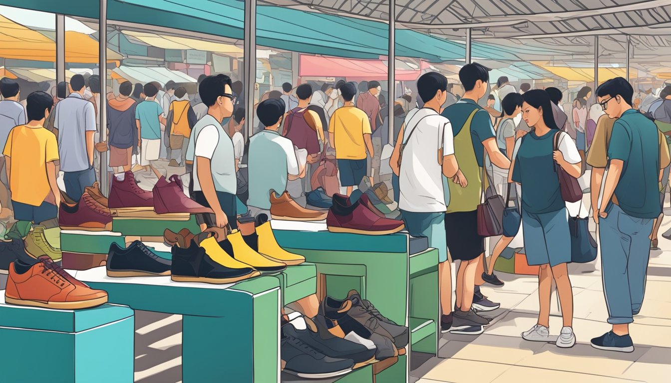 People browsing various shoe benches in a bustling Singapore market