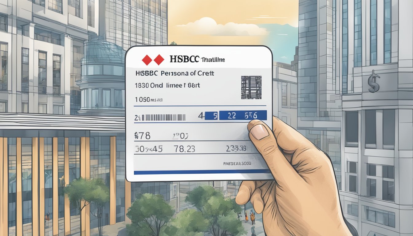 A hand holding a sign with "HSBC Personal Line of Credit" and a range of numbers, representing the minimum and maximum amount, against a backdrop of a bank branch or financial setting